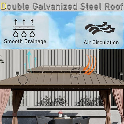 12'x14' Hardtop Gazebo, Outdoor Aluminum Frame Galvanized Steel Double Roof Pavilion with Netting and Shaded Curtains, Permanent Metal Pergolas for Patio, Backyard, Deck and Lawns.