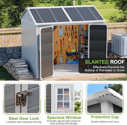 8x6 Shed, Heavy-Duty Outdoor Storage Shed with Floor, Waterproof Plastic Resin Garden Shed for Backyard, Tool Storage with Lockable Double Doors & Awning Windows
