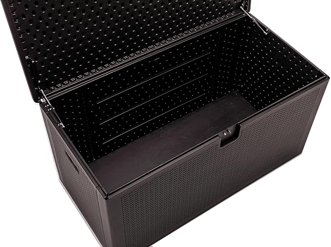 BTEXPERT 150 Gallon Large Resin Deck Box, Outdoor Storage Container for Patio Furniture Cushions Garden Tools Pool Toys Sports Equipment Waterproof Lockable Stainless Steel Metal insert rod