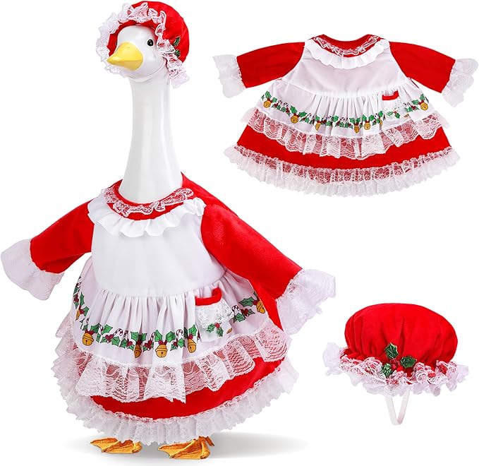 2 Pcs/Set Christmas Mrs. Claus Porch Goose Outfits, Lawn Goose Statue Mrs. Claus Costume, Red Green White Christmas Garden Goose Clothes Dress and Hat for 23" High Statue Xmas Holiday Patio Yard Decor