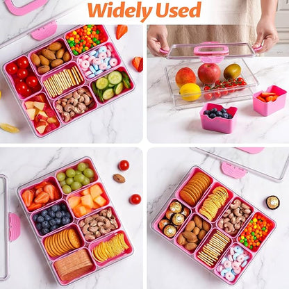 Snackle Box Container Dishwasher Safe Divided Serving Tray with Lid Handle | Charcuterie Board for Portable Snack Platters, Organizer for Fruits Snacks, Perfect for Road Travel - Pink