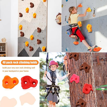 Meooeck 40 Pcs Rock Climbing Holds Set for Kids with Mounting Screws and 2 Wrenches, Mix Colored Climbing Rocks DIY Wall Grip Kits for Outdoor Indoor Playground Backyard Play Set