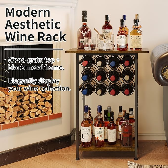 3-Tier Wine Rack Freestanding Floor Cabinet Corner Bar Cabinet Bar Cart,12 Individual Wine Storage Bottle Compartments Corner Bar Cabinet Holder,Wood + Black Frame Liquor Cabinet,Small Shelf For Homes
