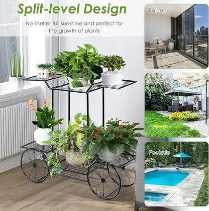 Safstar 6 Tiered Metal Plant Stand w/4 Decorative Wheels, Multilayer Flower Display Shelf for Home, Garden, Patio, Parisian Style Potted Plant Rack Holder