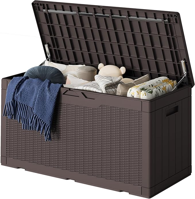 Greesum 100 Gallon Resin Deck Box Lockable Large Outdoor Storage Boxes for Garden Tools, Patio Furniture Cushions, Pool Supplies, Dark Brown
