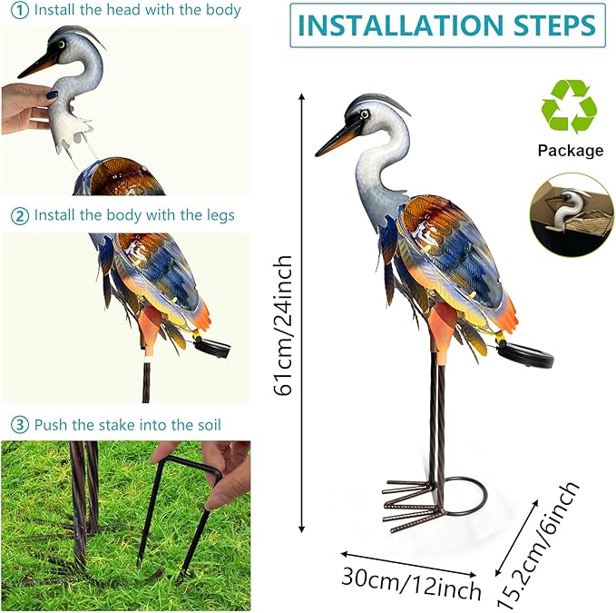 HONGLAND Solar Heron Metal Crane Statue Garden Heron Sculpture, Glass Outdoor Crane Yard Art Coastal Ocean Bird Decor 24 Inch Lawn Ornament for Backyard Porch Patio Decor（Purple）