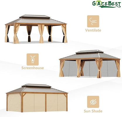 14' X 20' Hardtop Gazebo Outdoor Aluminum Patio Gazebo Double Roof Galvanized Steel Canopy Wooden Finish Coated with Netting and Curtains for Garden, Backyard,Deck and Lawns