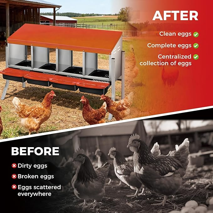 Chicken Nesting Boxes with Rollout Egg Collection – 4-Compartment Metal Hen Nest Box with Removable Trays, Slanted Roof & Ventilation, Wall Mount or Standing for Backyard Poultry Coop, Orange