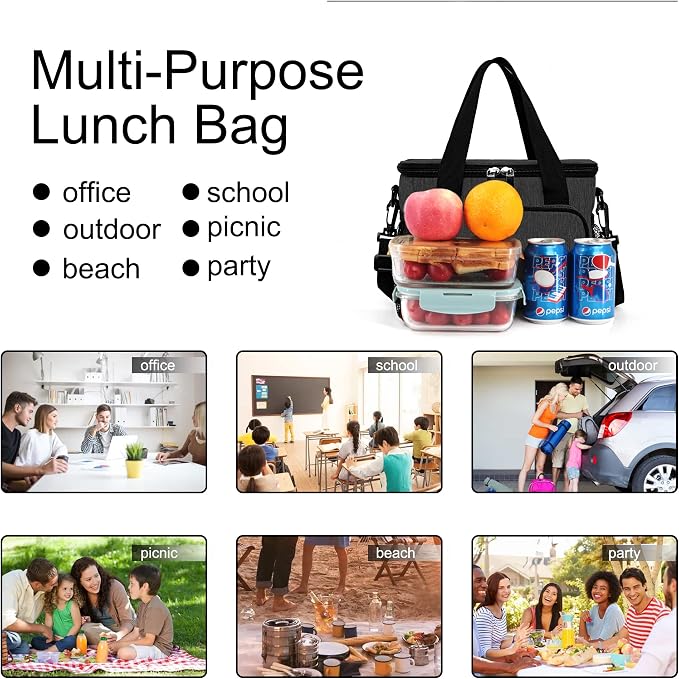 Lunch Bags for Women/Men, Insulated Lunch Bag for Work Office Picnic - Lunch Cooler Bag Leakproof Lunch Box with Adjustable Shoulder Strap - Charcoal