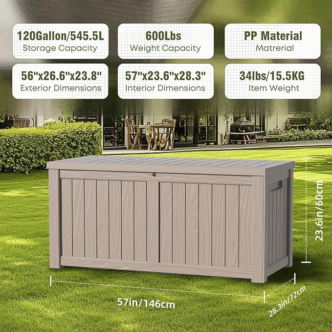 DRATO 120 Gallon Large Deck Box, Outdoor Storage Box for Patio Furniture, Patio Cushions, Gardening Tools, Pool Supplies,660lbs Weight Capacity,Waterproof Resin Storage Boxes