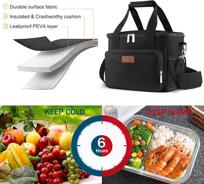Lunch Bags for Women/Men, Insulated Lunch Bag for Work Office Picnic - Large Lunch Cooler Bag Leakproof Lunch Box with Adjustable Shoulder Strap for Adults - Black(15L)
