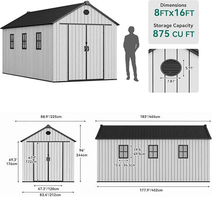 YITAHOME 8x16 FT Outdoor Storage Shed with Floor, Waterproof Plastic Garden Shed with Lockable Doors, 2 Vents & 3 Windows, 875 cu. ft. Resin Shed for Tools, Bikes, Patio or Backyard, Gray
