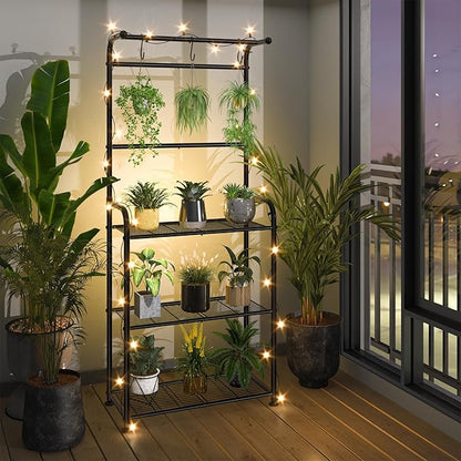Plant Stand Outdoor Indoor, Metal 3 Tiered Tall Hanging Plant Shelf Heavy Duty for Multiple Flower Planter Holder 67" Large Rack for Living Room Garden Balcony, Black