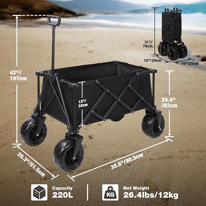 REDCAMP Collapsible Beach Wagon with 9" Big Wheels for Sand, 450lb Heavy Duty Foldable Beach Cart with All-Terrain Balloon Style Foam Wheels for Gravel, Sand, Camping, Groceries, Garden