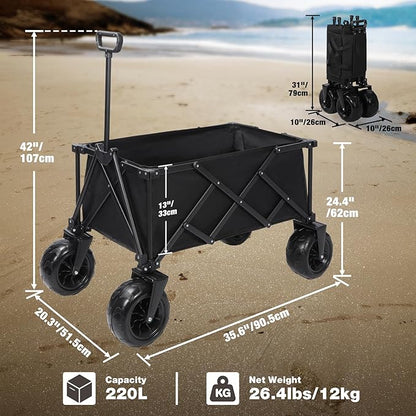 REDCAMP Collapsible Beach Wagon with 9" Big Wheels for Sand, 450lb Heavy Duty Foldable Beach Cart with All-Terrain Balloon Style Foam Wheels for Gravel, Sand, Camping, Groceries, Garden
