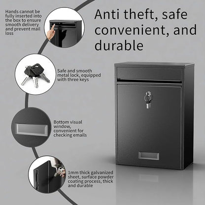 Wall Mounted Locking Mailbox for Outside, Heavy Duty Steel Black | Large capacity wall mounted mailbox, fits letters, magazines, parcels, waterproof design with secure lock
