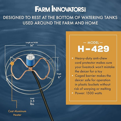 Farm Innovators 1500 Watt Cast Aluminum Submergible Water Tank Heater Deicer with Self Regulating Thermostat for Farm and Home, Silver