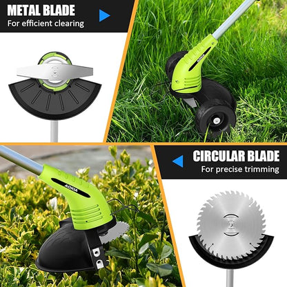 Electric Weed Wacker Cordless： String Trimmer with Roller 2Types Blades - 2.0Ah 12V Battery Powered Lightweight Grass Cutter/Mower for Yard and Garden, Green