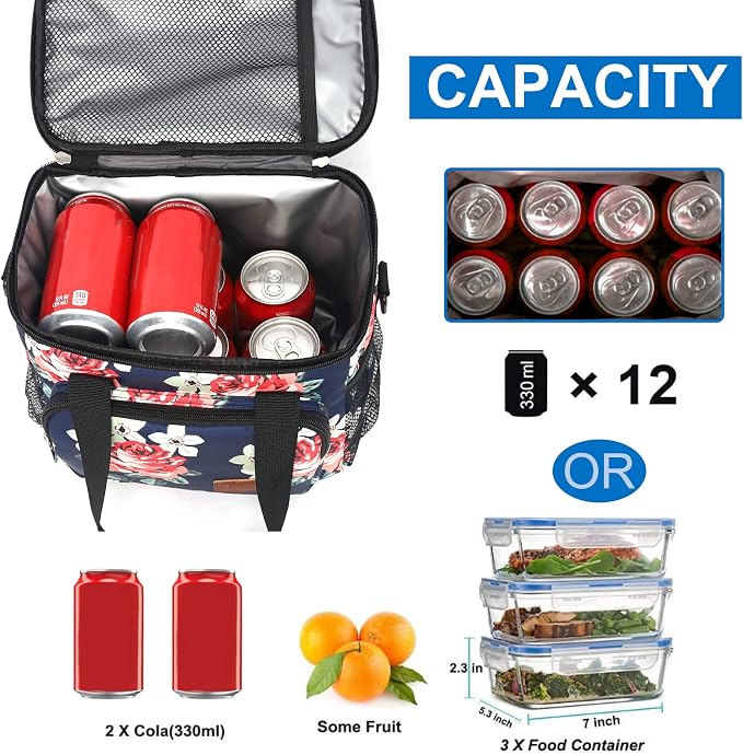 Lunch Bags for Women/Men, Insulated Lunch Bag for Work Office Picnic - Large Lunch Cooler Bag Leakproof Lunch Box with Adjustable Shoulder Strap for Adults - Floral