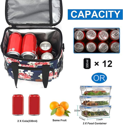 Lunch Bags for Women/Men, Insulated Lunch Bag for Work Office Picnic - Large Lunch Cooler Bag Leakproof Lunch Box with Adjustable Shoulder Strap for Adults - Floral
