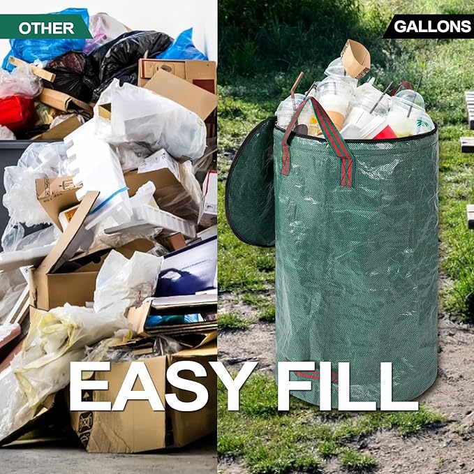 4 Pack 32 Gallons Reusable Yard Waste Bags with Zipper Lid Lawn Leaf Bags Heavy Duty with 4 Handles Garden Waste Bags Container for Clean Up Outdoor Debris Leaves Grass Clippings