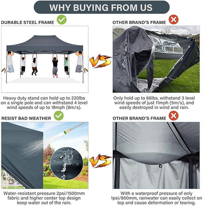 COBIZI 10x15 Pop Up Canopy with 4 Sidewall,Heavy Duty Canopy UPF 50+ All Season Wind Waterproof Commercial Outdoor Wedding Party Tents for Parties Gazebo with Carry Bag(10 x 15 ft Gray)