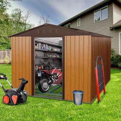 8x10 FT Outdoor Storage Shed, Metal Garden Shed with Frame Floor, Outside Tool Shed with Lockable Sliding Doors, Waterproof Storage Building with Sloped Roof for Backyard, Patio, Lawn, Coffee