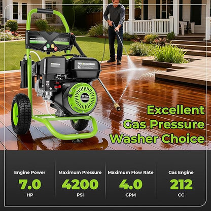 4200 PSI Gas Pressure Washer, 4.0 Max GPM 212CC 7HP Commercial Gas Power Washer, Spray Gun and Wand, 5 Nozzle Set, for Cars/Fences/Driveways/Homes/Patios/Furniture (Green)