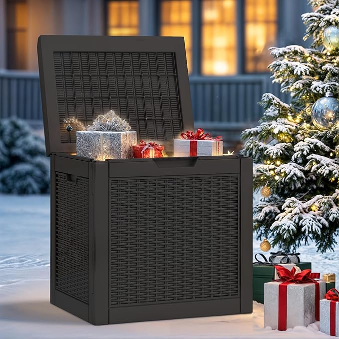 YITAHOME 32 Gallon Rattan Deck Box, Indoor Outdoor Storage Box for Patio Furniture, Pool Accessories, Cushions, Garden Tools, Sports Equipment, Waterproof Resin with Lockable Lid & Side Handles, Black