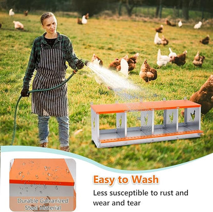 4-Bay Metal Nest Box for Chickens Wall Mount, Galvanized Steel Hen Laying Box with Hen-Shaped Vent Holes, Includes Coconut Fiber Pad, Easy to Clean & Assemble (Orange/Silver)