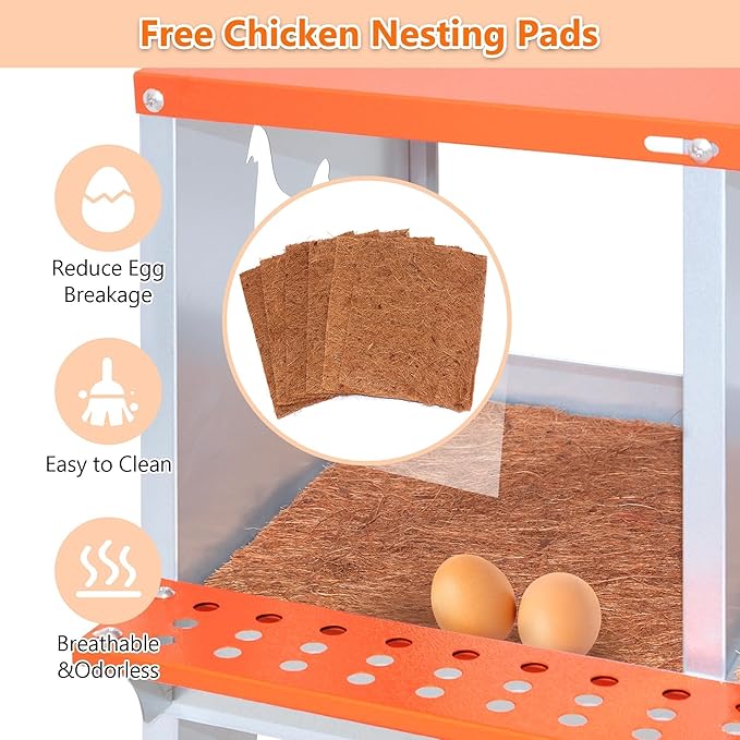 6 Bay Orange Metal Nesting Box, Wall Mount Chicken Nest for Hens & Ducks, Heavy Duty Galvanized Steel with Hen-Shaped Vents & Coconut Fiber Pad, Easy Assembly (Orange/Silver)