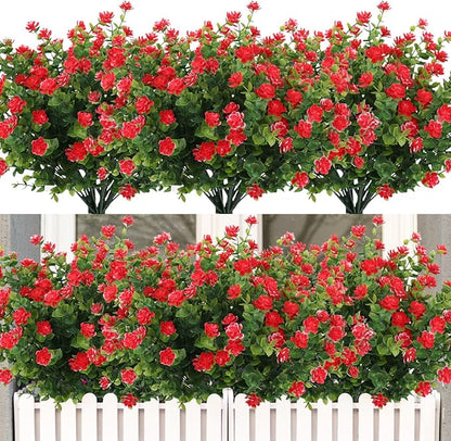 RECUTMS 12 Bundles Artificial Plants Artificial Eucalyptus Front Porch Decor Faux Spring Flowers, Fake Indoor Outdoor Greenery for Wedding Party Home Garden Fireplace Décor(Red)