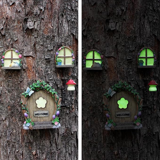 Fairy Door and Windows Garden Kit Accessories Outdoor, Glow in Dark Gnome House for Tree, Lawn Yard Art Sculpture, Miniature Garden Decor (Butterfly)