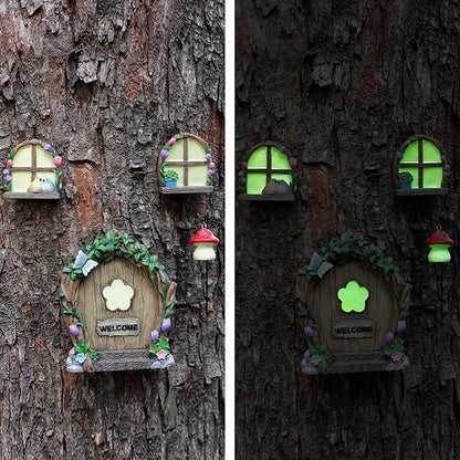 Fairy Door and Windows Garden Kit Accessories Outdoor, Glow in Dark Gnome House for Tree, Lawn Yard Art Sculpture, Miniature Garden Decor (Butterfly)