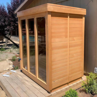 Outdoor Corner Steam Sauna, Canadian Hemlock Saunas 3-4 Person, 6KW ETL Toule Heater, 220V,Broad Bench, Glass Wall Sauna, Waterproof System, Asphalt Shingles,Left Door(0-195℉)