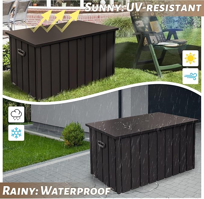 Outdoor Storage Box, 120 Gallon Metal Deck Box Waterproof, Outside Steel Storage Lockable Cabinet, Indoor Storage Bin Container for Patio/Poolside/Backyard Cushions, Pillow- Brown