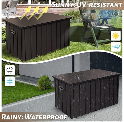 Outdoor Storage Box, 120 Gallon Metal Deck Box Waterproof, Outside Steel Storage Lockable Cabinet, Indoor Storage Bin Container for Patio/Poolside/Backyard Cushions, Pillow- Brown