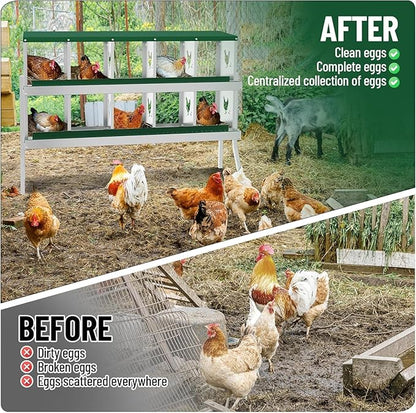 Metal Chicken Nesting Box, 10 Compartments, Rollout Egg Collection, Large Vented Holes, Perch Included, Wall Mount or Free Standing Laying Box for Hens and Chickens - Green with Legs