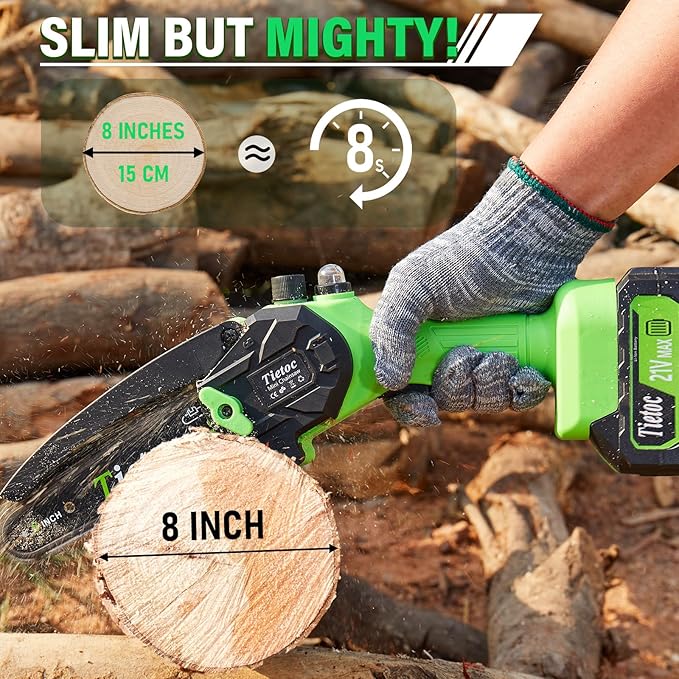 Tietoc Mini Chainsaw 8 inch Cordless with 2x 4000mAh Batteries, Battery Powerd Chain saw with Oiler, Lightweight Handheld Saw for Hous