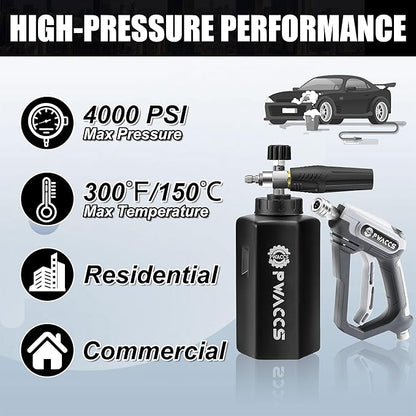PWACCS Pressure Washer Foam Gun, Short Pressure Washer Gun, Foam Cannon for Car Wash Kit with 1/4" Quick Connector, Pressure Wash Handle for Power Washer with M22 Male Inlet, 4000 PSI, 1.5 Liter