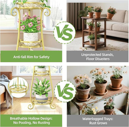 iDavosic.ly 3 Tier Metal Plant Stand Indoor Outdoor, Wrought Iron Corner Tall Flower Pot Holder Shelf, 34 Inch Vertical Heavy Duty Display Rack for Patio Porch Living Room Garden, Gold