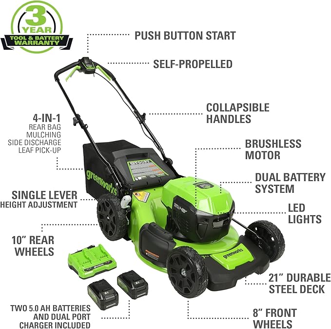Greenworks 48V (2x24V) 21" Cordless Battery Self-Propelled Mower & 10" String Trimmer Combo Kit w/ (2) 5.0Ah Batteries & Charger