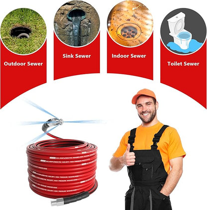 NaiNai 50FT Sewer Jetter Kit for Pressure Washer,1/4 Inch NPT Sewer Jetting Hose,Pressure Washer Drain Cleaner Hose 5800PSI with Sewer Jetter Nozzles, Gloves, Waterproof Tape, Apron (50FT)