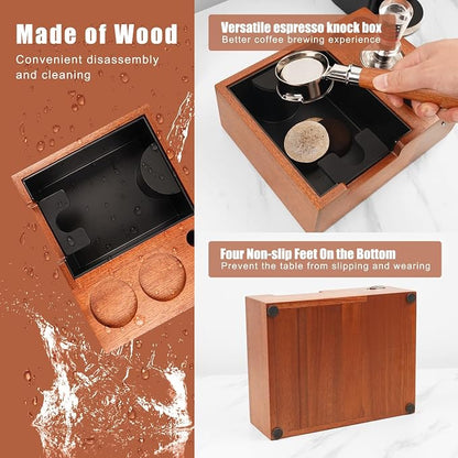 IKAPE 51/53/54/58mm Espresso Knock Box, Sandywood Coffee Station, Tamper Tools, Distributor, Portafilter & Puck Screen Accessories, Natural Sandywood Station Base