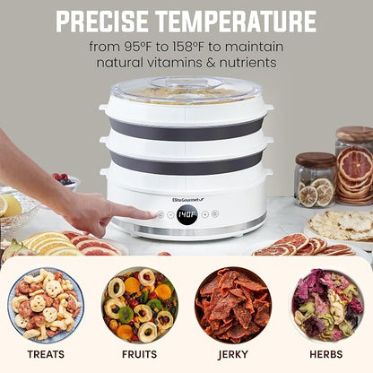 Elite Gourmet EFD329WD Digital Food Dehydrator, 5 SlimStore Trays, White | Adjustable timer & temp controls - BPA-free collapsible trays, compact storage - makes jerky, herbs, fruit, veggies & snacks