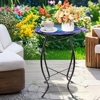 MUMTOP Outdoor End Tables for Patio, Deep Sea Round Side Table, Glass Accent Table for Outside, Garden, Balcony, Porch, Indoor Home Decor