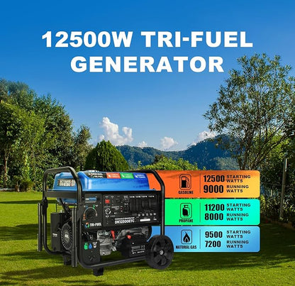 DK Upgraded 12500W Tri-fuel Generator, Remote Electric Quick Start, 10.5 Gal Super Tank, 120V 240V, CARB EPA Compliant Gas Propane or NG Powered Back Up (DK12500ETC)