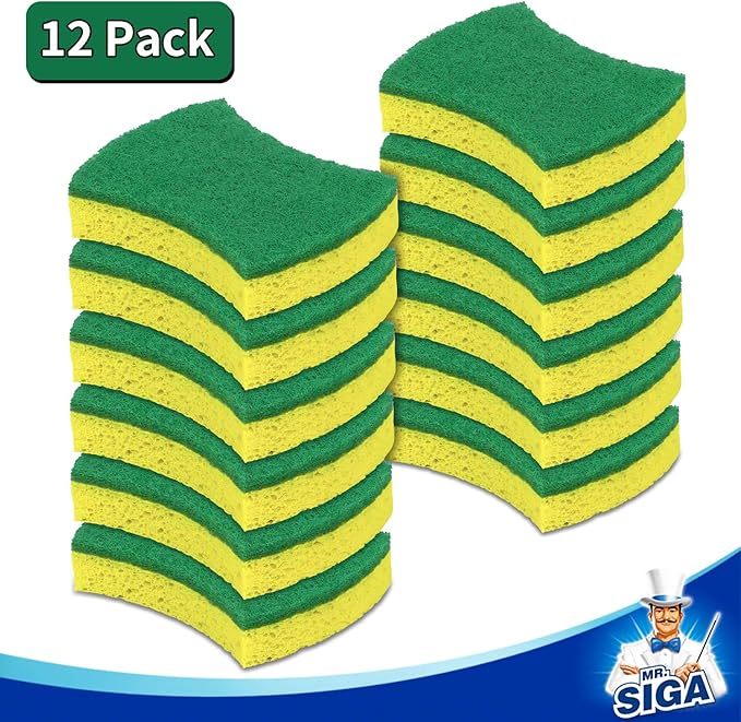 MR.SIGA Heavy Duty Cellulose Scrub Sponge, Dual-Sided Dishwashing Sponge for Kitchen, 12 Pack