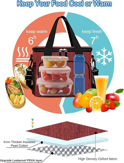 Lunch Bags for Women/Men, Insulated Lunch Bag for Work Office Picnic - Lunch Cooler Bag Leakproof Lunch Box with Adjustable Shoulder Strap - Red