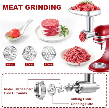 FavorKit Stainless Steel Food Grinder Attachment for KitchenAid Mixers, Dishwasher Safe Meat Processor Accessory Included 3 Sausage Stuffer Tubes
